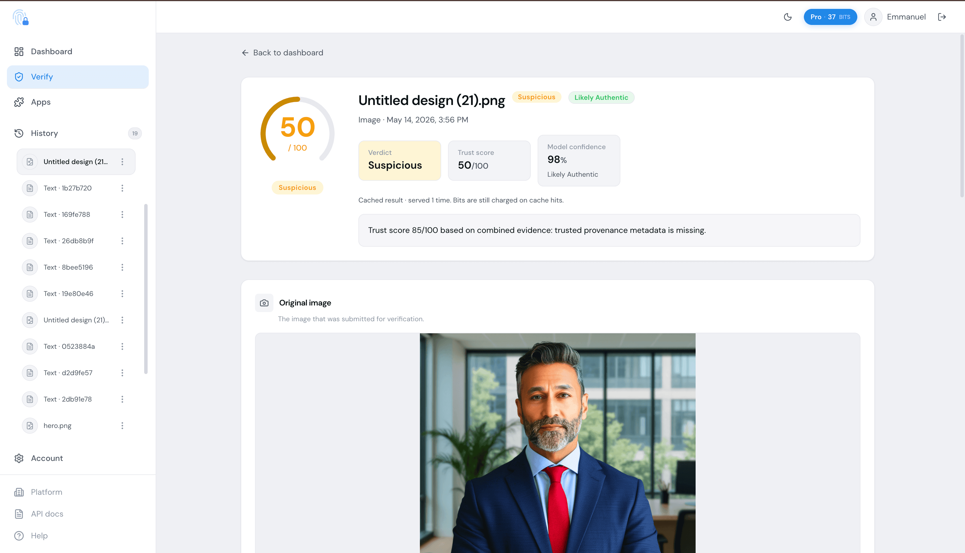 Bitcheck trust score and result detail